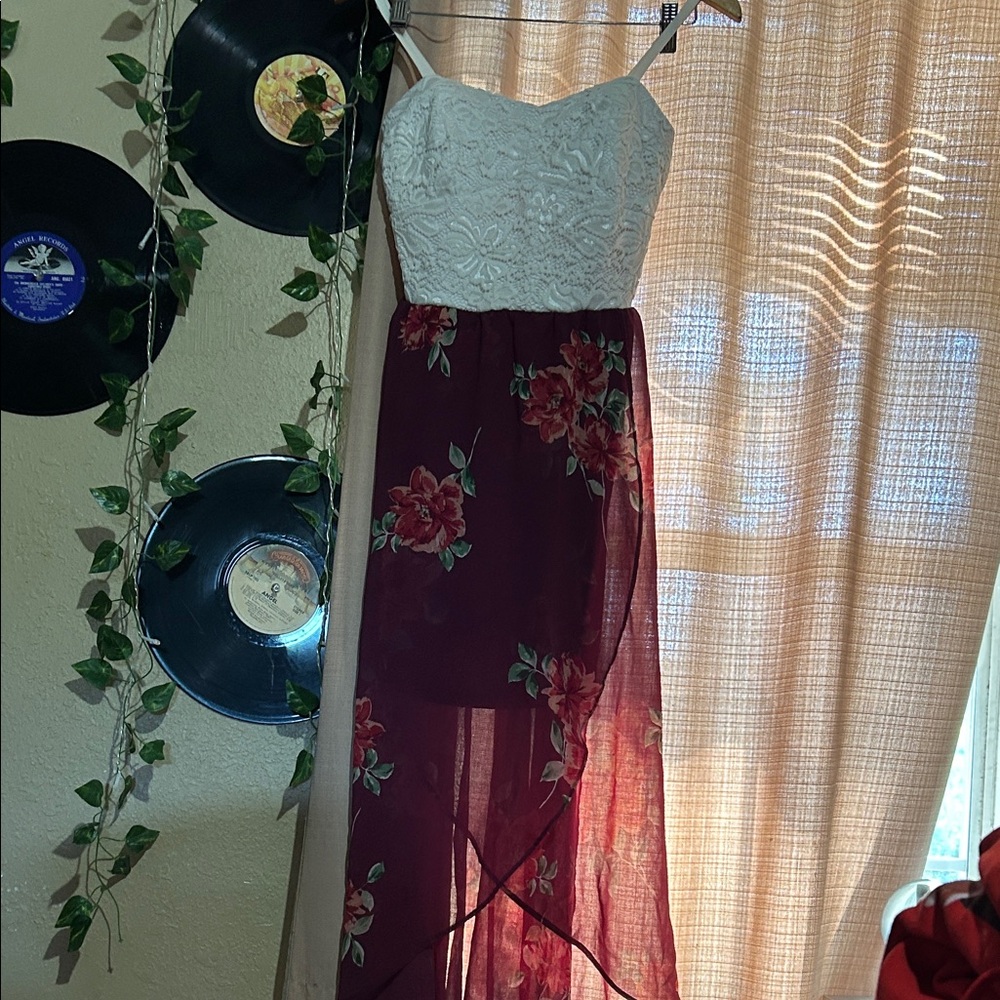 Lily Rose White and Burgundy Floral High Low Dress